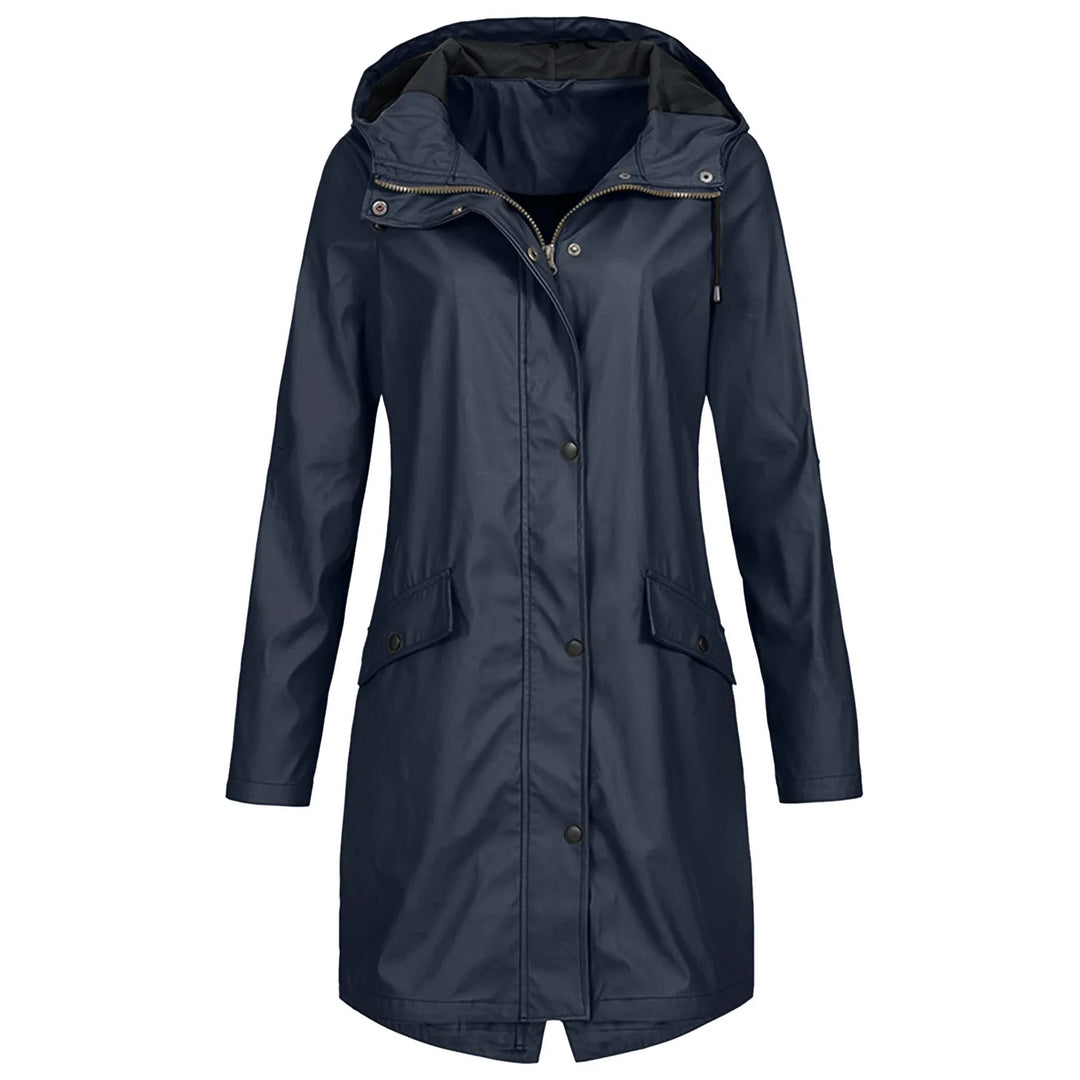 Damen Plus-Size Regenmantel mit Kapuze, wasserdicht für Frühling und Herbst, in stilvollem Design.