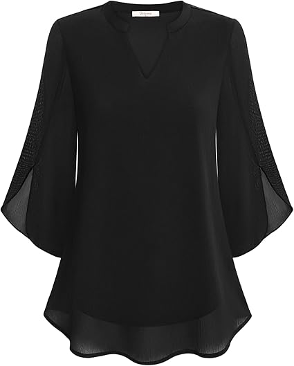 Schwarze Damenbluse mit 3/4-Ärmeln, elegant & vielseitig. Perfekt für Büro & stilvolle Freizeit. Bequemes Oberteil.