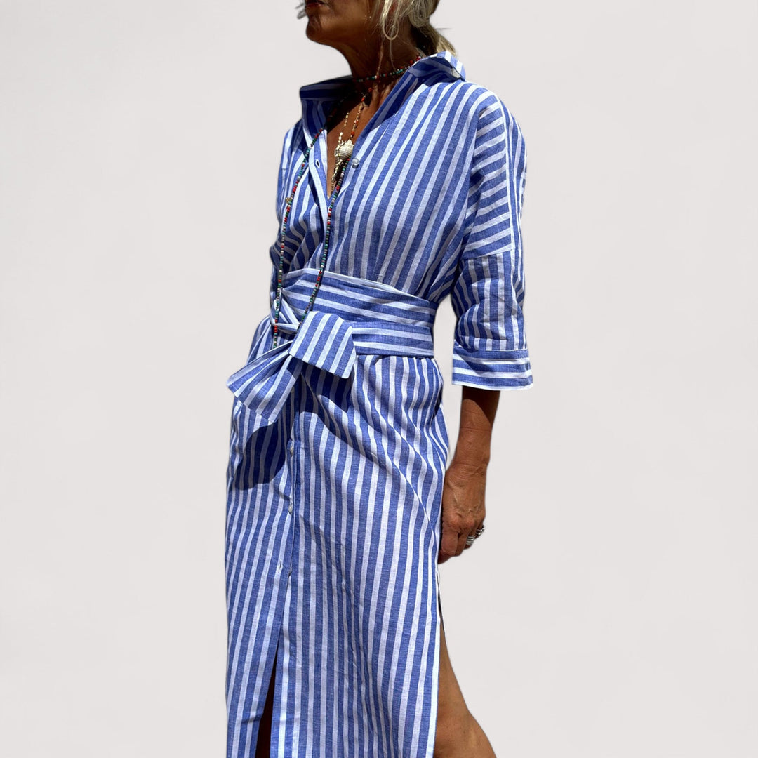 Elegantes gestreiftes Damen Hemdblusenkleid, locker und atmungsaktiv, eine stilvolle Wahl für Damenmode.