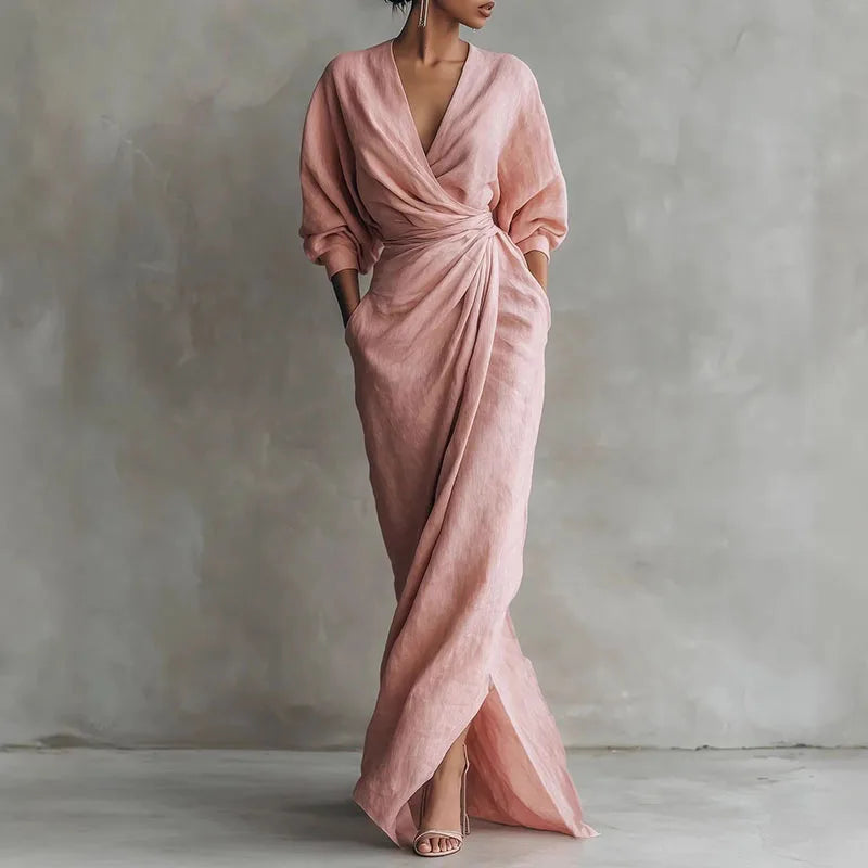 Elegantes Damen V-Ausschnitt Wickel Maxikleid mit Langarm, ideal für festliche Anlässe.