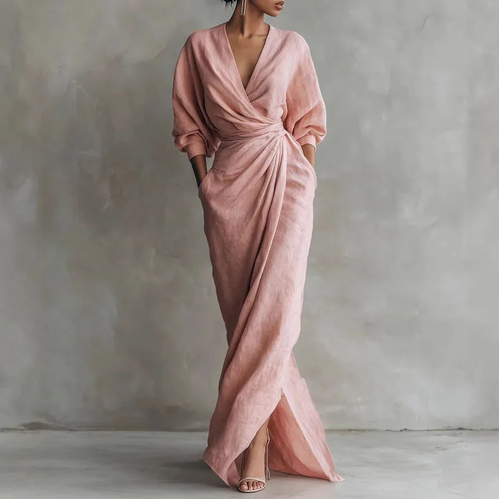 Elegantes Damen V-Ausschnitt Wickel Maxikleid mit Langarm, ideal für festliche Anlässe.