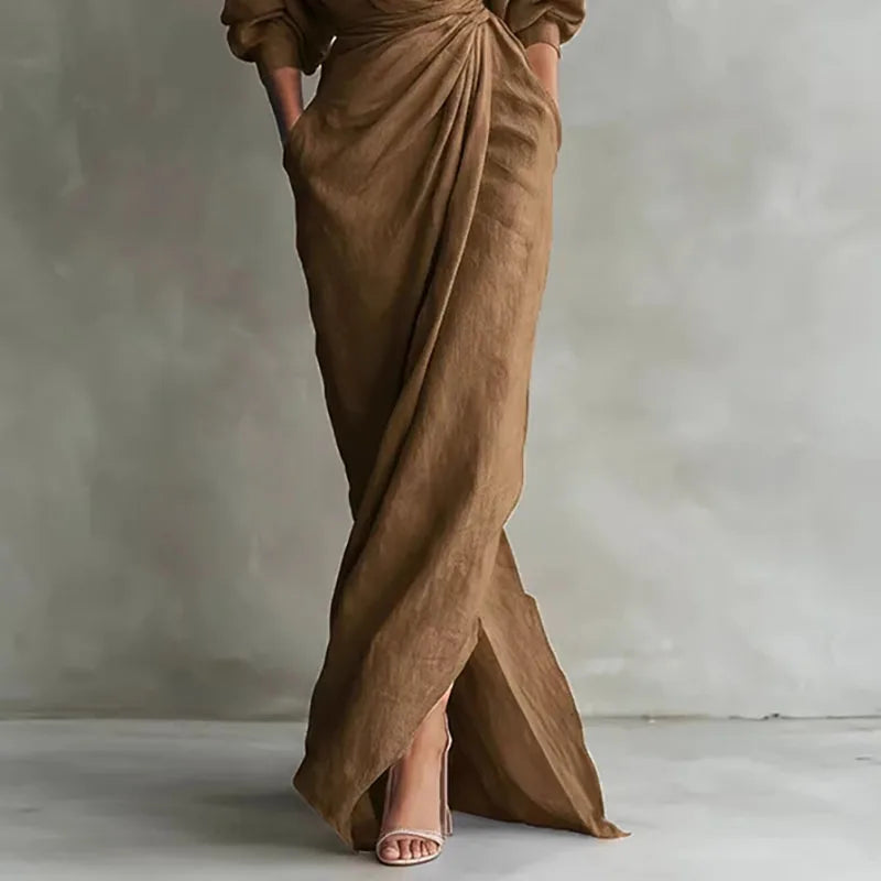 Fließendes Damen Langarm Wickel Maxikleid mit tiefem V-Ausschnitt, ein schickes Abendkleid für besondere Momente.