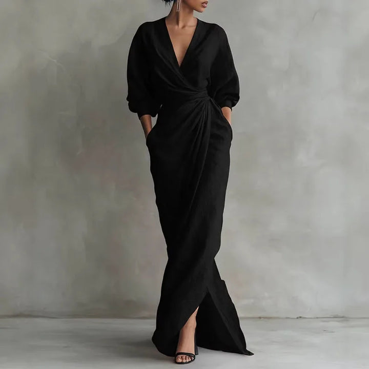 Stilvolles Damen Wickelkleid in Maxilänge mit V-Ausschnitt und Langarm. Elegantes Kleid für diverse Anlässe.