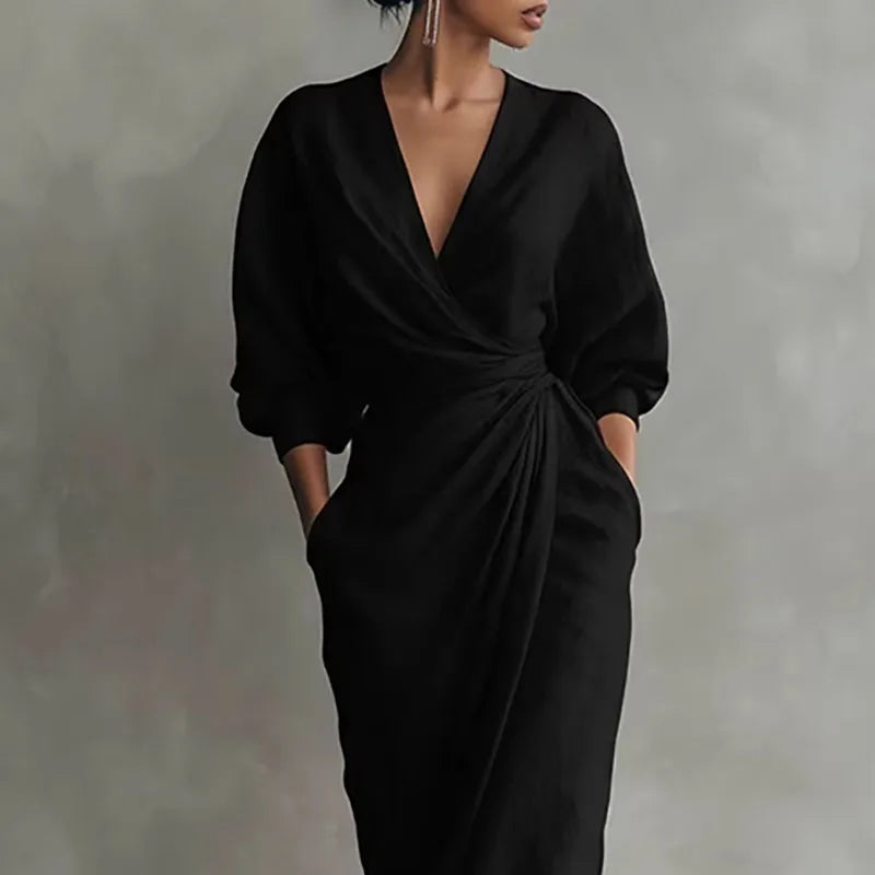 Khakifarbenes Damen V-Ausschnitt Langarm Maxikleid im Wickel-Stil. Ein elegantes, figurbetontes festliches Kleid.
