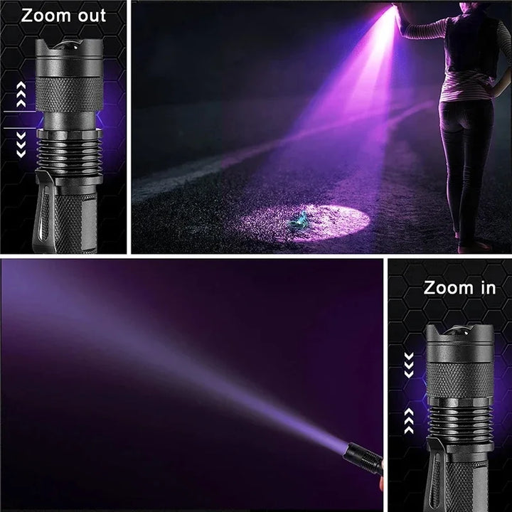 Ergonomische SK68 UV-Taschenlampe in der Hand, perfekt für mobile Fleckenerkennung und Hygiene-Checks.