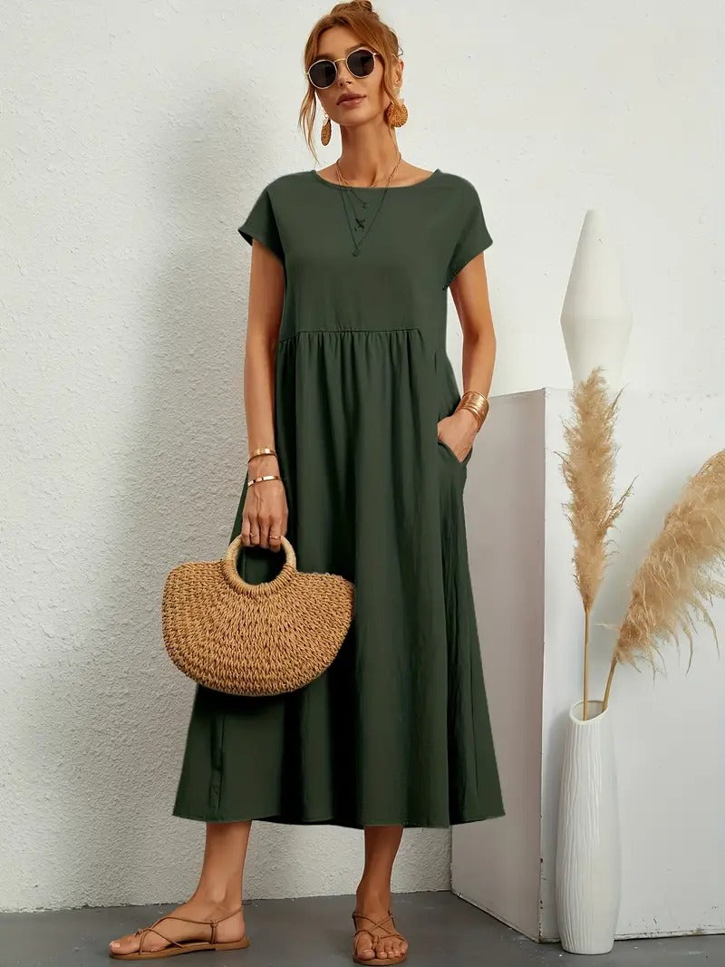 Elegantes Damen Sommer-Midikleid mit praktischen Taschen, leicht & bequem.