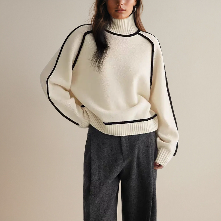 Eleganter, gestreifter Slim Fit Damen Rollkragenpullover. Modischer Winterpullover ideal für den Alltag und Layering.