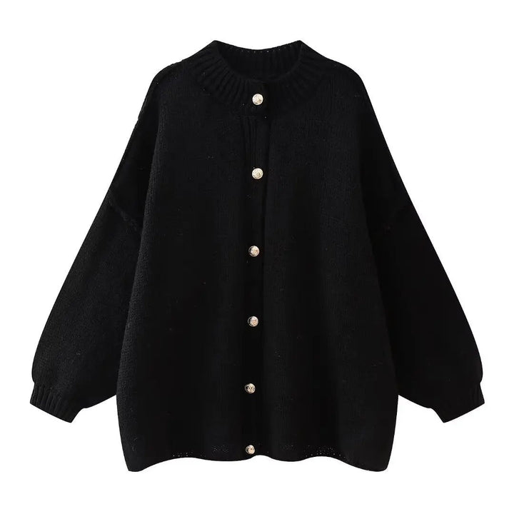 Schwarzer Damen Oversized Cardigan mit Knopfverschluss, weiten Ärmeln; vielseitige Strickjacke für Freizeit & Büro.