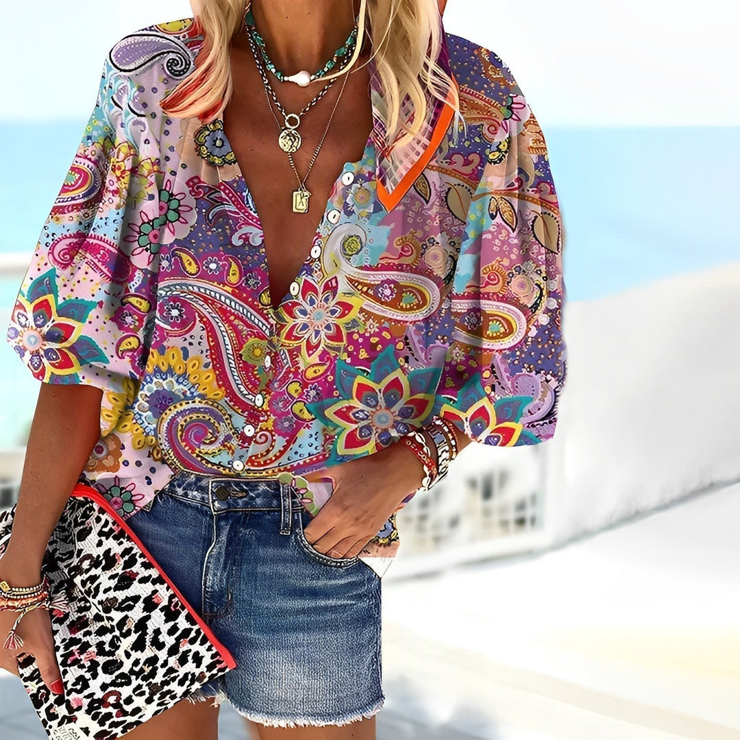 Damen Langarmshirt mit farbigem Mandala-Print und lockerer Passform. Ideal für Frühling & Freizeit, Boho Chic Bluse.
