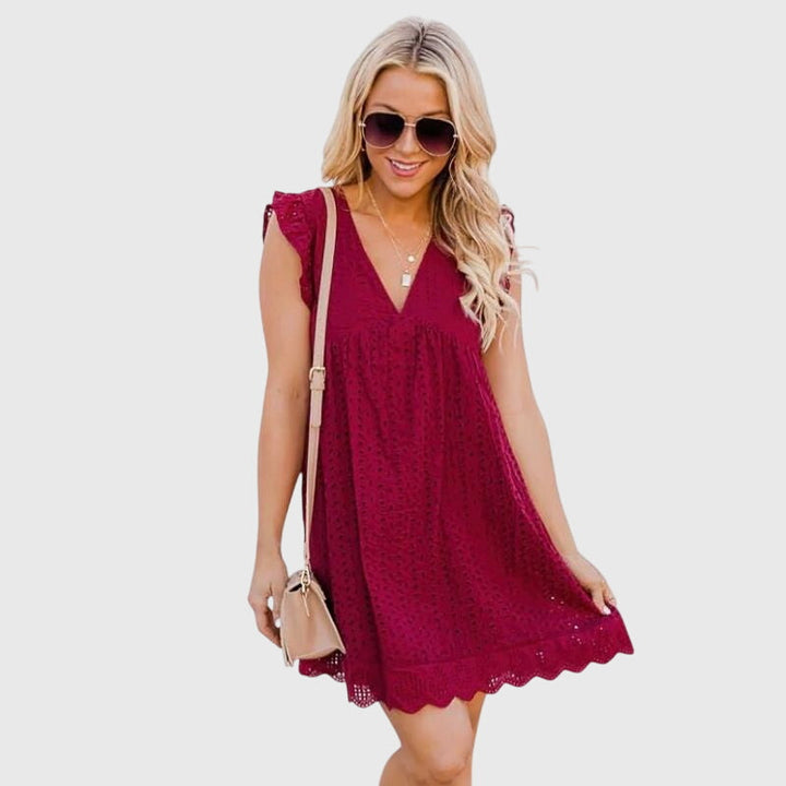 Damen Minikleid mit V-Ausschnitt, Relaxed Fit, ärmellos, mit stylischer Lochy-Optik, ideales Strandkleid.