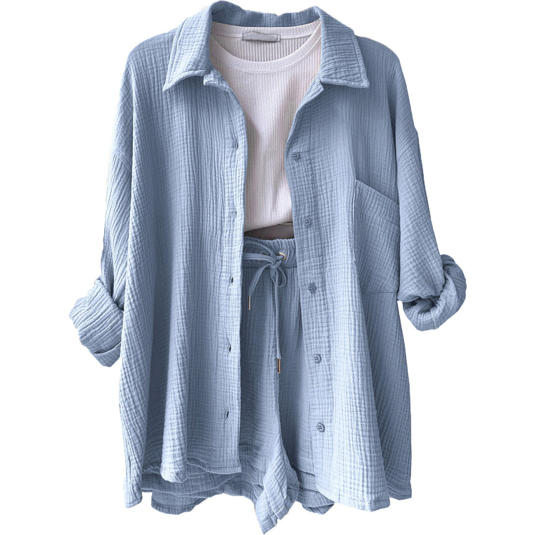 Damen Lamias Freizeitsset: Trendiges Hemd, Crop-Top & Shorts für den ultimativen Sommerlook.