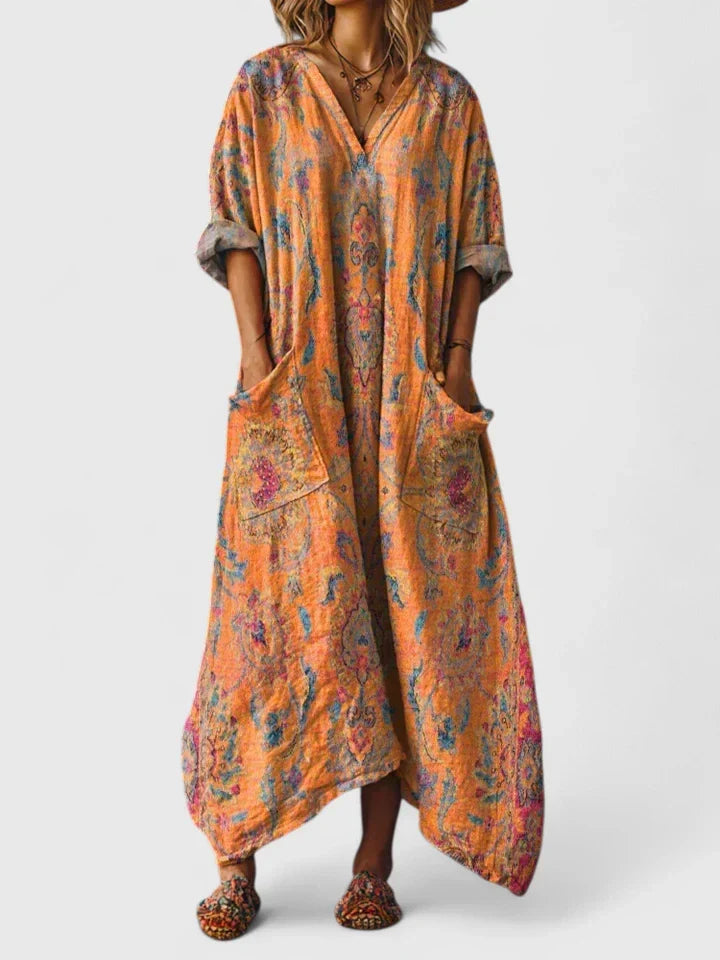 Bequemes Damen Sommerkleid mit V-Ausschnitt, Taschen und stilvollem Boho-Muster für Freizeit & Urlaub.