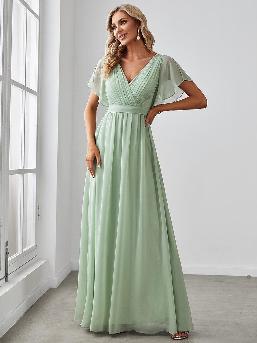 Damen Maxi Abendkleid A-Linie, elegant, lang, mit V-Ausschnitt & Flügelärmeln.