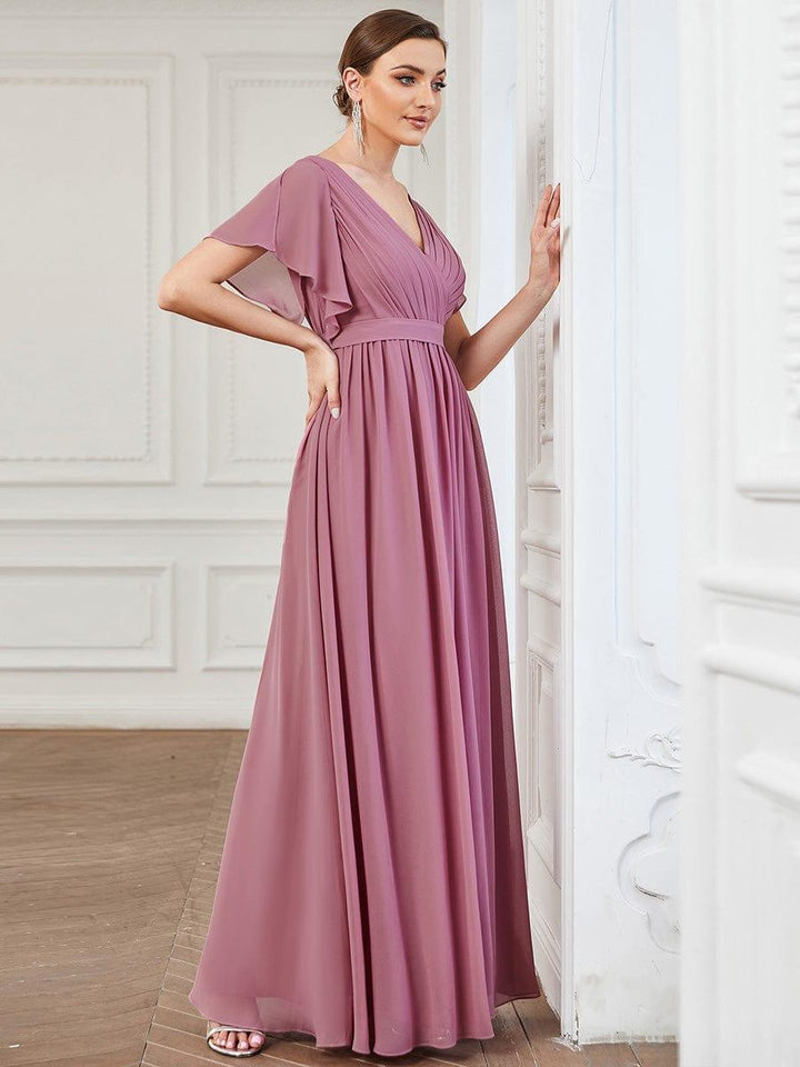 Brautjungfernkleid A-Linie, V-Ausschnitt, Flügelärmel, lang, stilvoll.