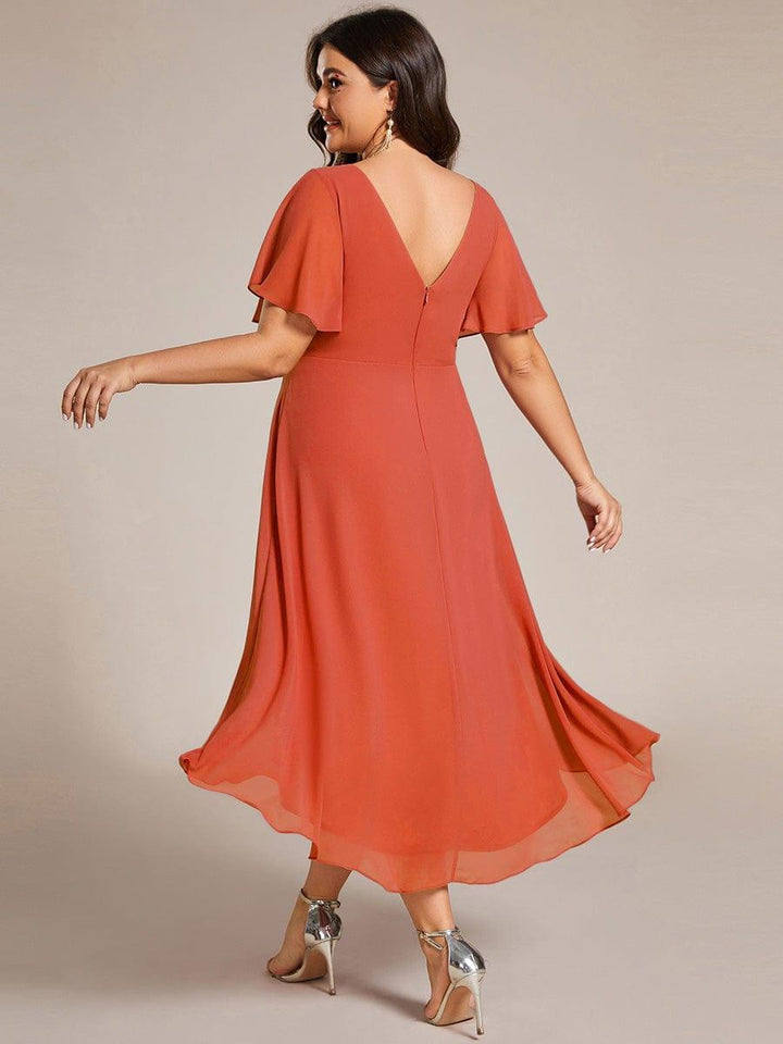 Festliches Vokuhila Abendkleid, Midi-Länge, Kurzarm, ideal als Brautjungfernkleid.