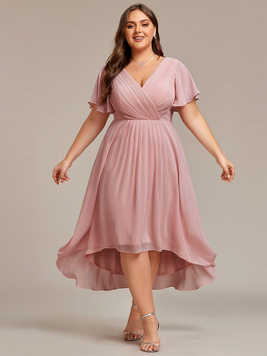 Elegantes Vokuhila Hochzeitsgast-Kleid, A-Linie, Empire-Taille, Kurzarm für den Anlass.