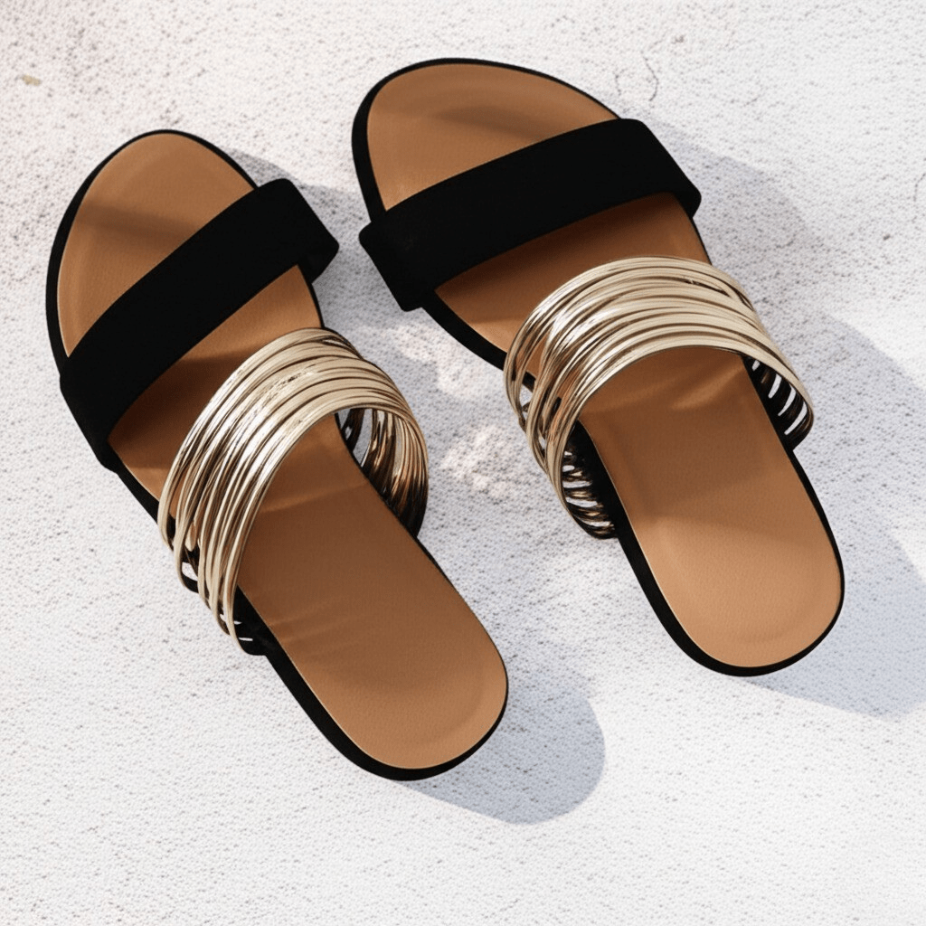 Dame trägt elegante Amelie Sommersandalen, ideal für stilvolle Auftritte im Sommer.