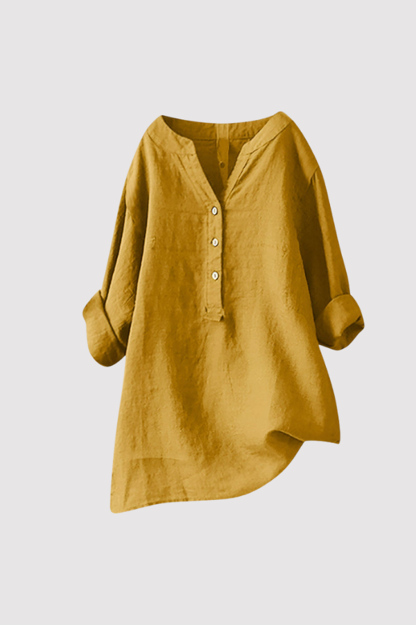 Elegante Damen Bluse mit V-Ausschnitt und durchgehender Knopfleiste, ideal für einen stilvollen Auftritt.