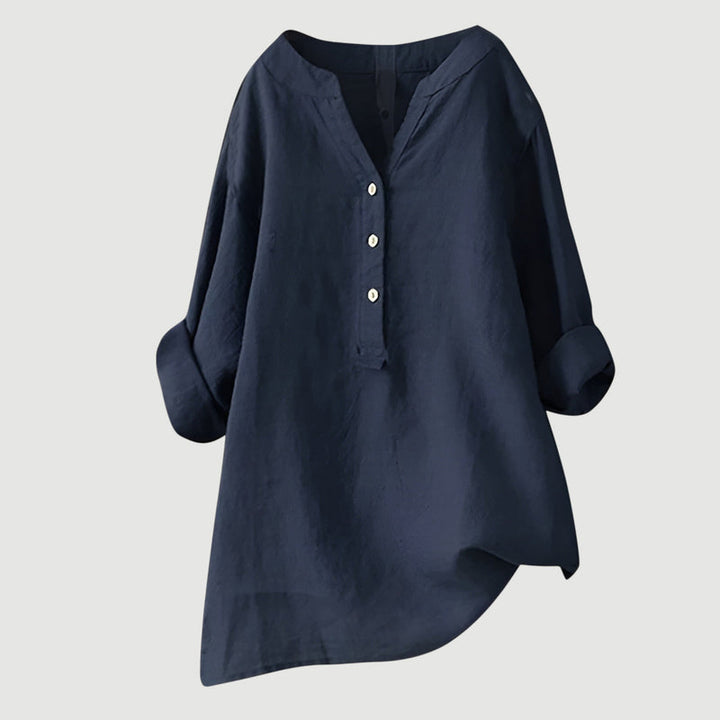 Moderne Damen Bluse mit tiefem V-Ausschnitt und Knopfleiste, lockere Passform für aktuelle Trends.