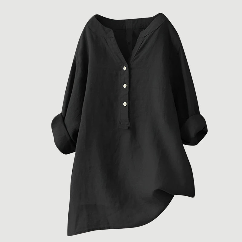 Trendige Damenbluse Langarm mit V-Ausschnitt und durchgehender Knopfleiste, ideal für den Sommer.