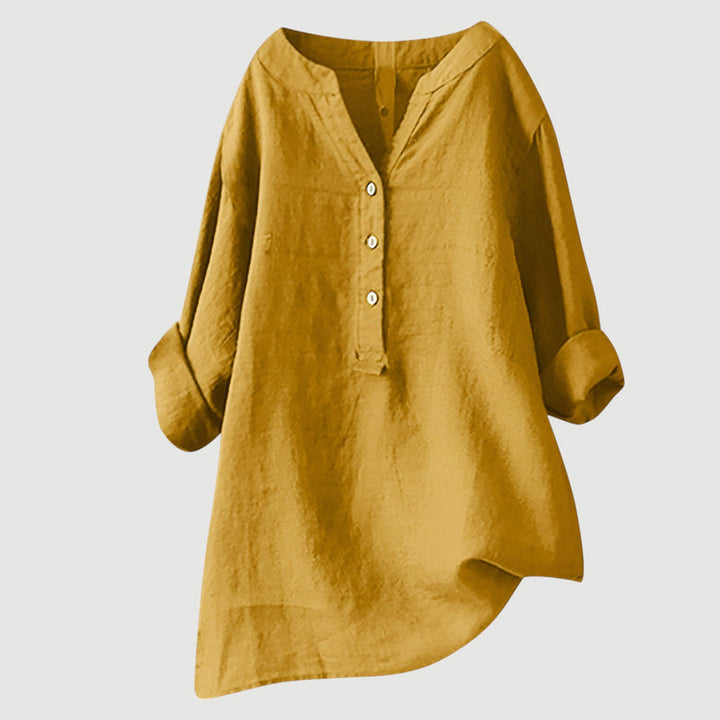 Bequeme Langarm Bluse für Damen mit lockerem Schnitt, V-Ausschnitt und modischer Knopfleiste.
