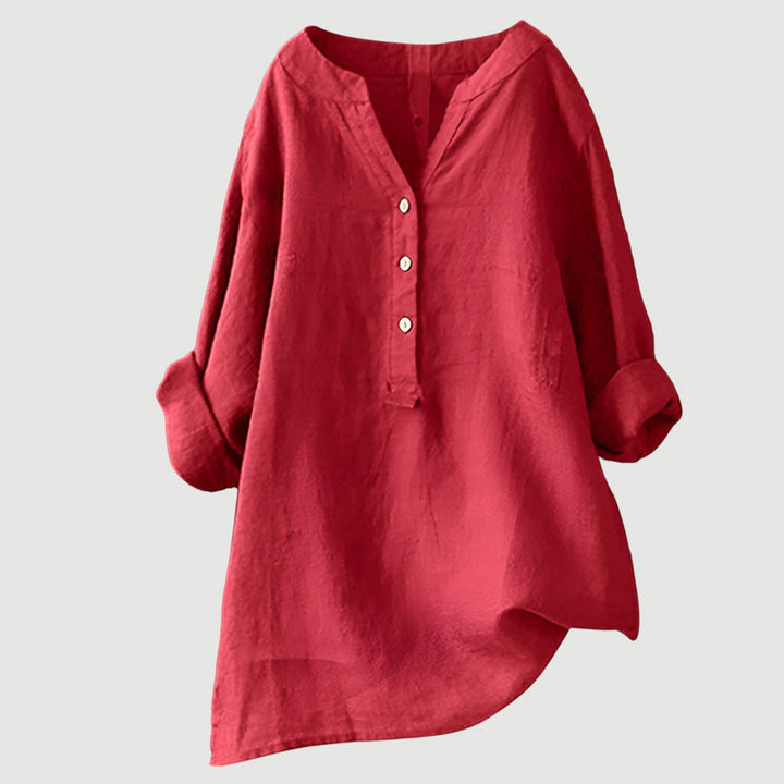 Modische Damen Bluse, locker geschnitten, mit V-Ausschnitt und eleganter Knopfleiste, hoher Tragekomfort.