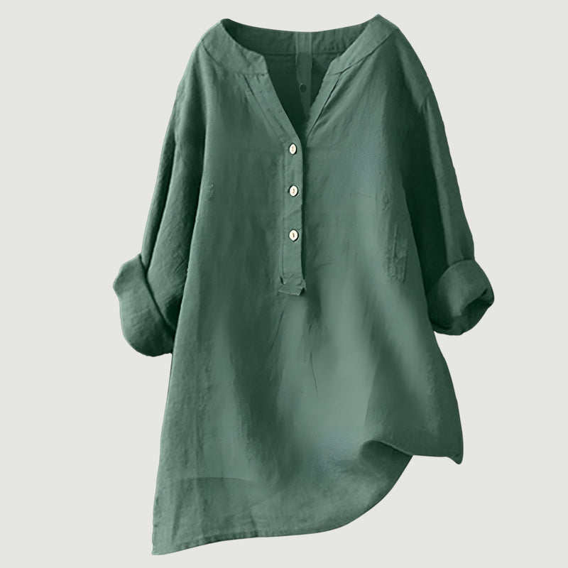 Basic Damen Bluse V-Ausschnitt, Knopfleiste und Langarm, ein vielseitiges Kleidungsstück für jeden Tag.