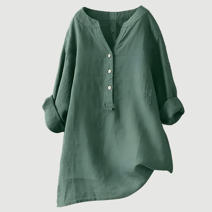 Basic Damen Bluse V-Ausschnitt, Knopfleiste und Langarm, ein vielseitiges Kleidungsstück für jeden Tag.