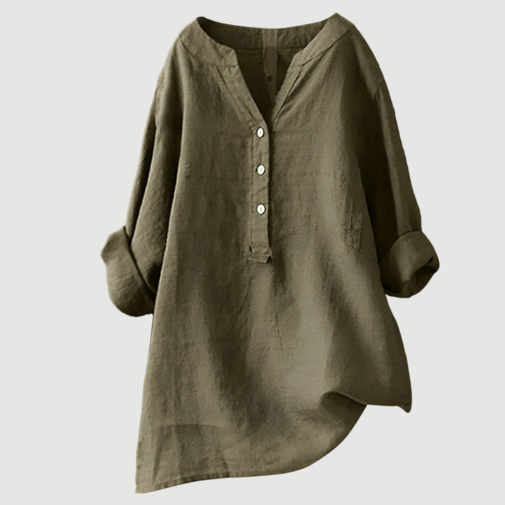 Elegante Langarm Damenbluse mit V-Ausschnitt und Knopfleiste, schmeichelhafter Schnitt für jede Figur.