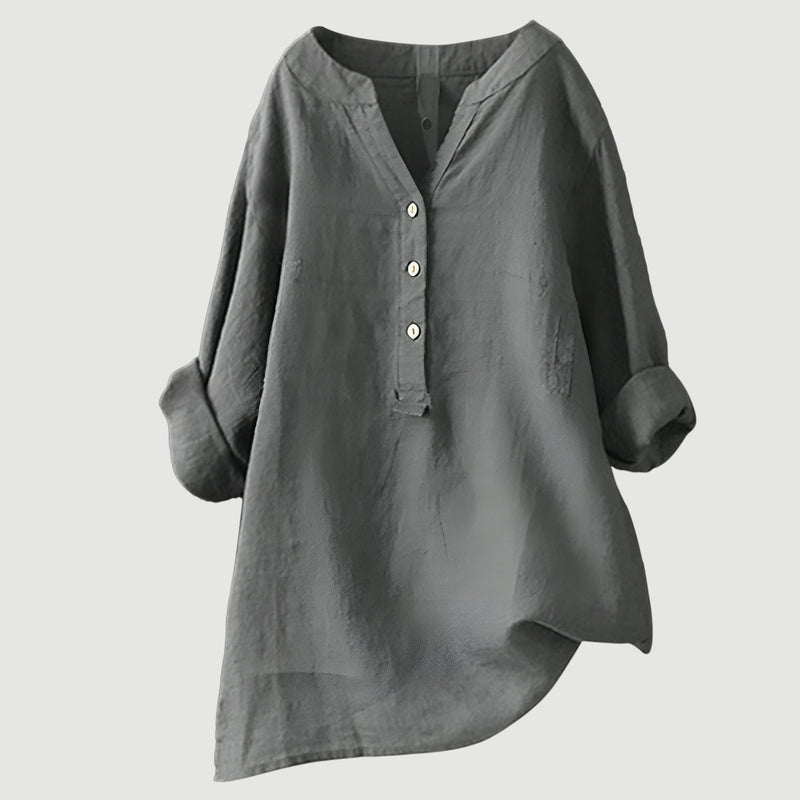 Business-Casual Damen Bluse mit V-Ausschnitt, Knopfleiste und Langarm, professionell und bequem.