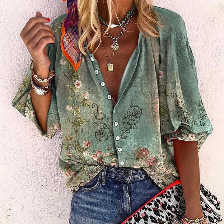 Elegante Damen Boho-Bluse mit V-Ausschnitt, floralem Muster und lockerer Passform für Freizeit & Büro.