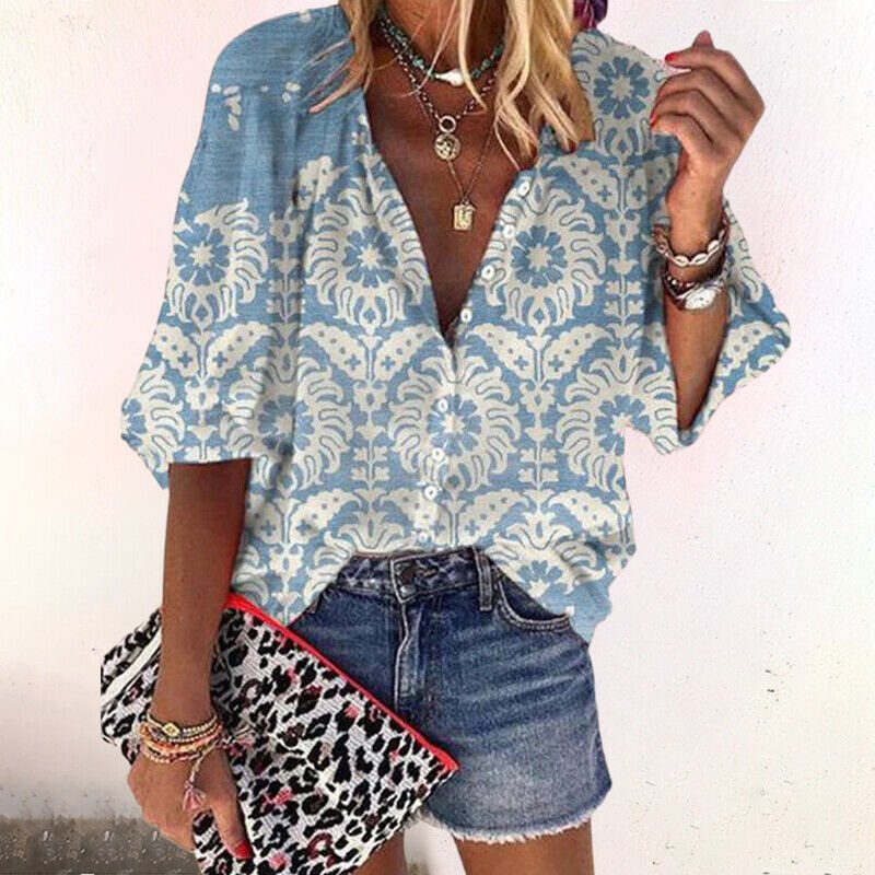 Feminine Boho-Damenbluse mit V-Ausschnitt, lockerer Passform und langärmlig. Vielseitiges Oberteil.