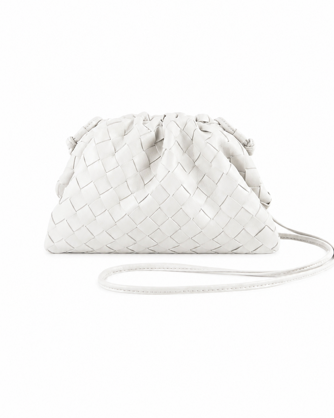 Elegante Damen Kordelzugtasche aus geflochtenem Kunstleder, ideal als Umhängetasche oder Schultertasche.
