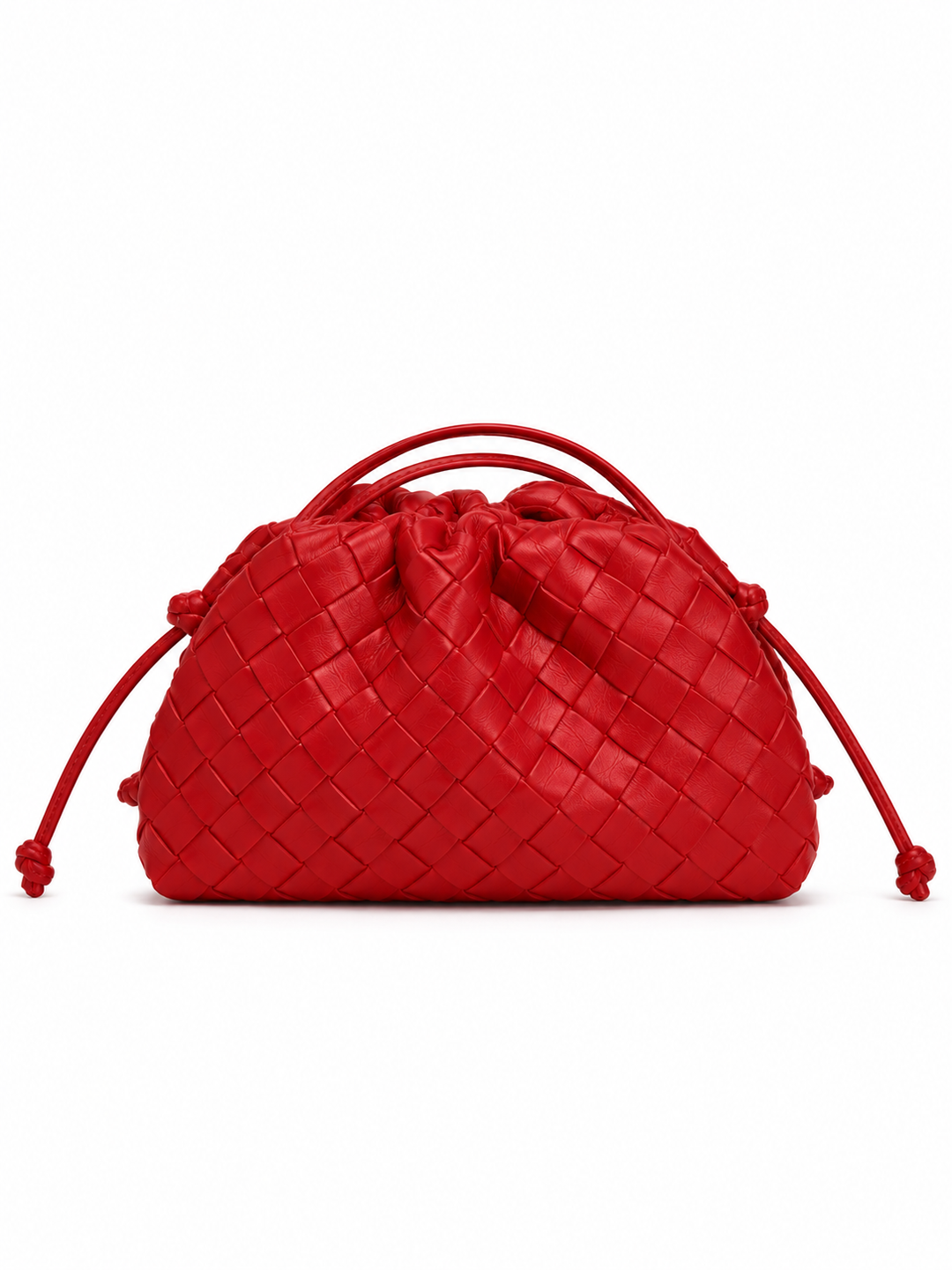Nahaufnahme der geflochtenen Kunstleder Textur einer Damen Kordelzugtasche, hochwertiges Accessoire.