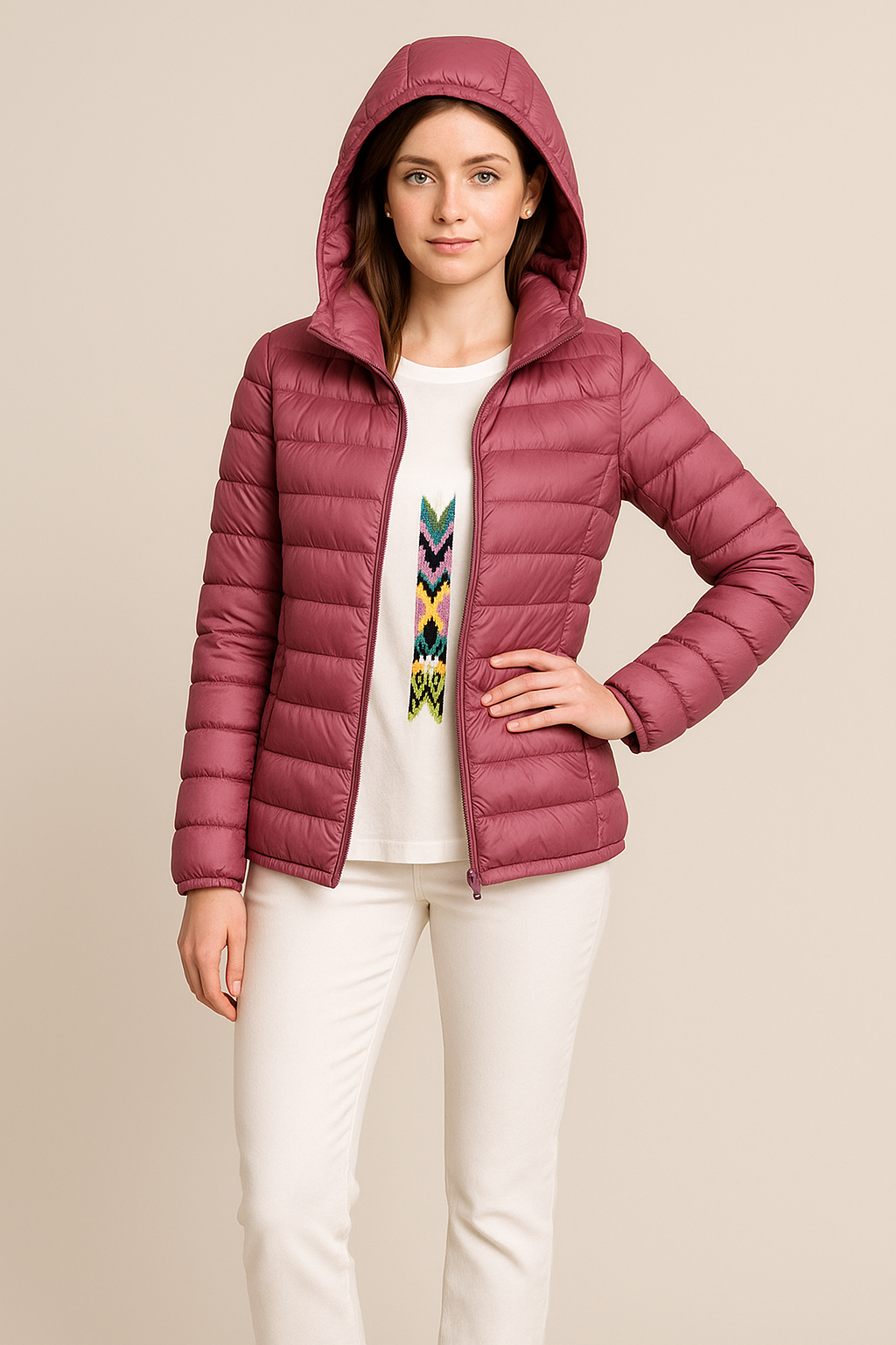 Elegante Damen Steppjacke mit Kapuze, tailliert geschnitten. Warme Winterjacke für stilvolle Herbst-Looks.
