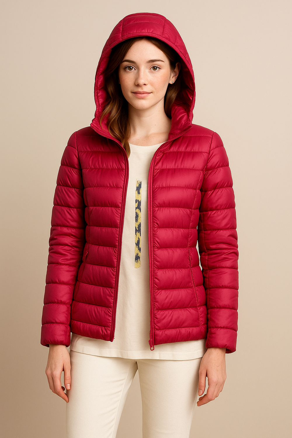 Kurze Damen Kapuzen-Steppjacke für Freizeit & Alltag. Modische, warme Herbstjacke, ideal für kalte Tage.