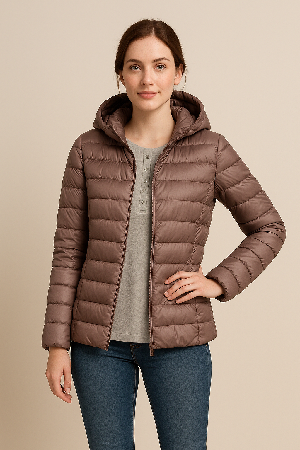Warme Damen Winterjacke gesteppt mit Kapuze. Figurbetonte Oberbekleidung, perfekt für Herbst & Winter.