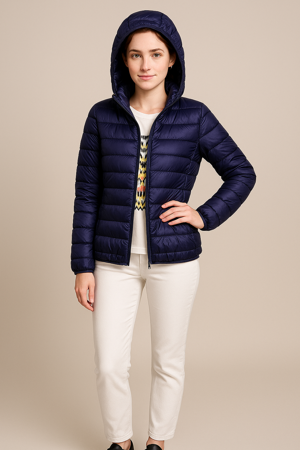Damen Steppjacke mit Kapuze, elegant und funktional. Taillierte Kurzjacke für Damenmode im Herbst.