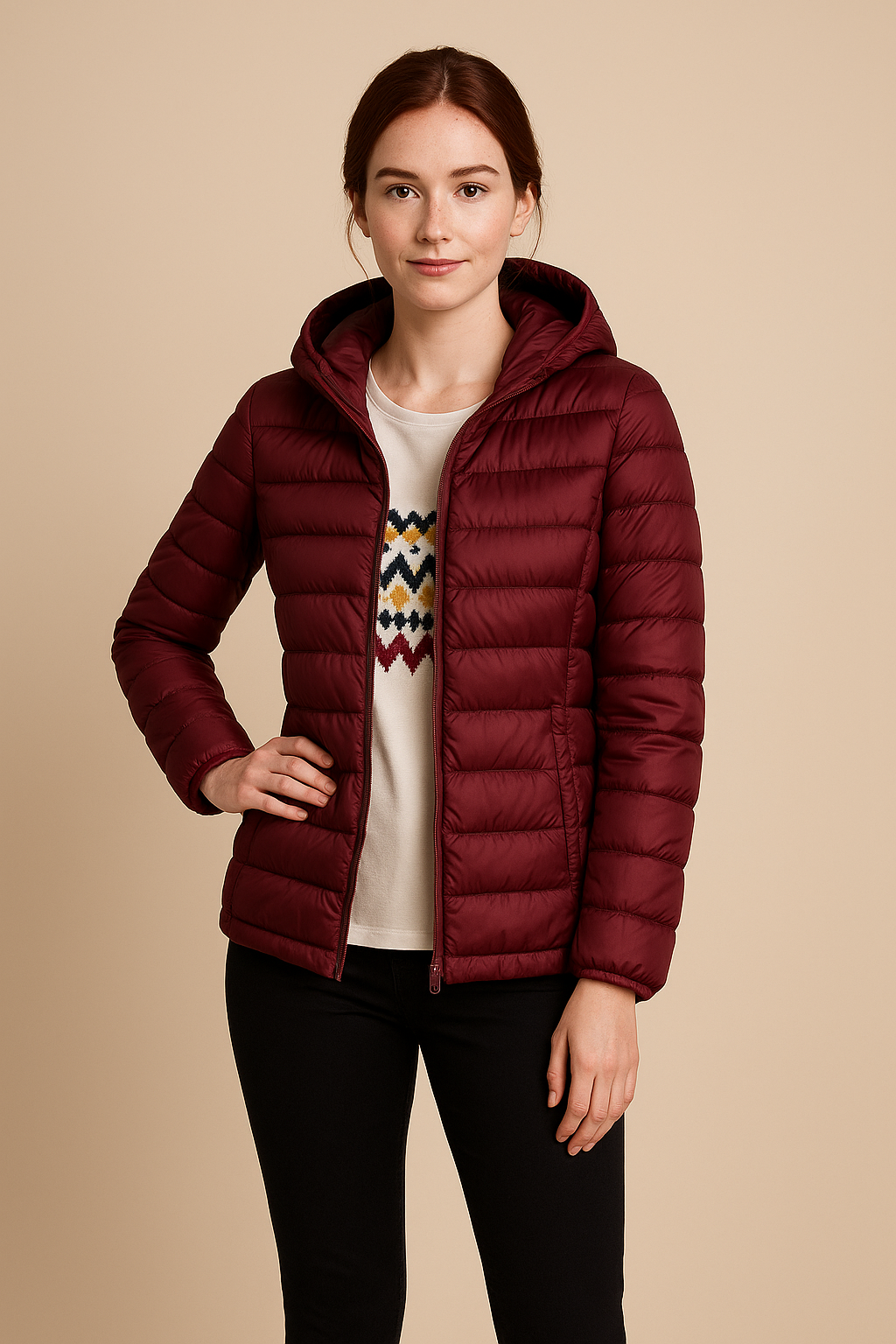 Stilvolle Damenjacke gesteppt mit Kapuze. Elegant, warm und tailliert – die perfekte Herbstmode.