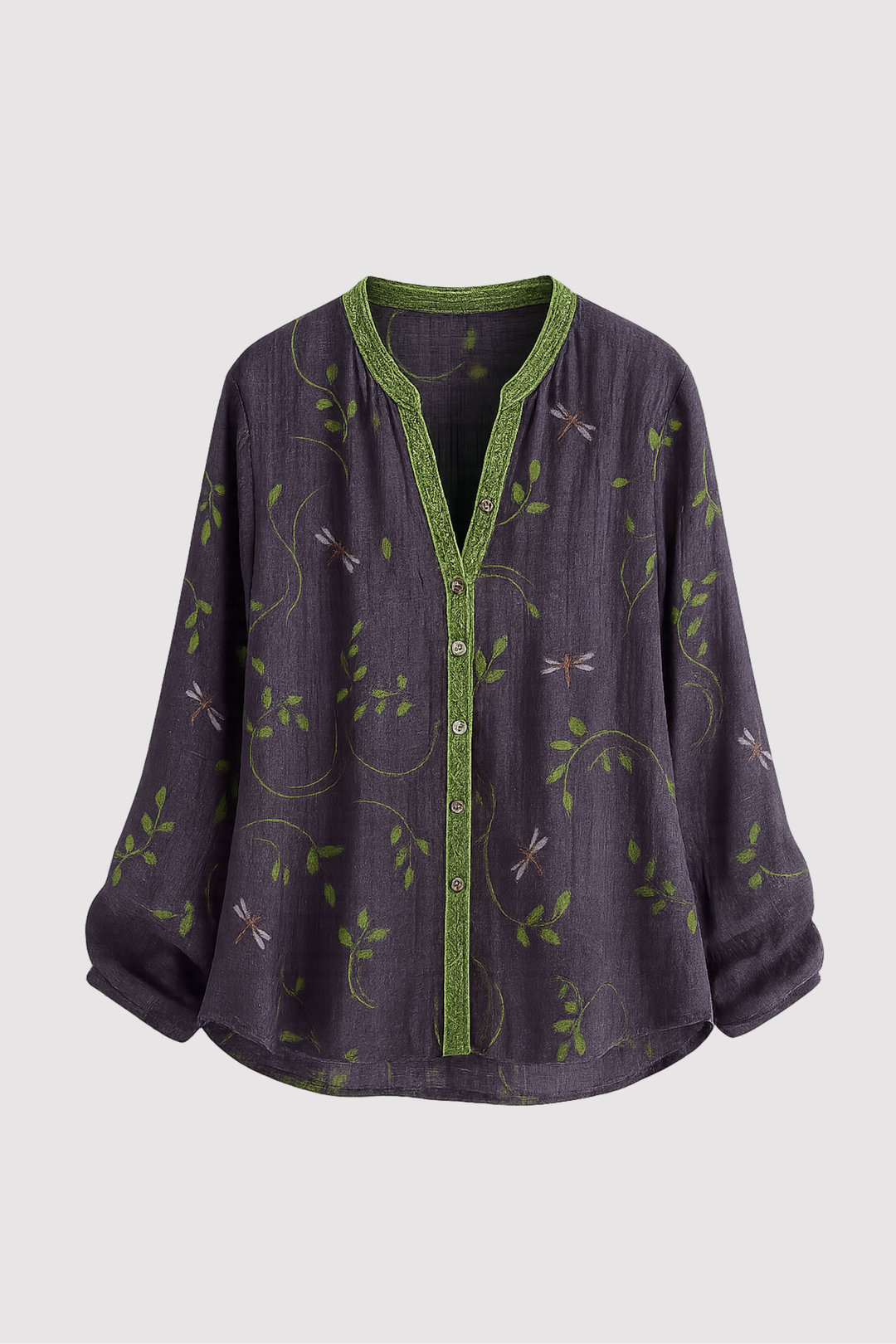 Elegante Damen Vintage Bluse mit feinem Blattmuster, langen Ärmeln und Knopfleiste für stilvolle Freizeitlooks.