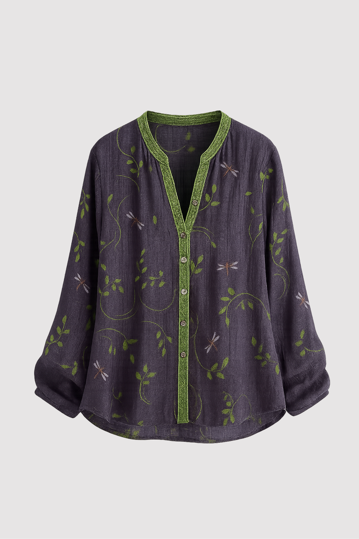 Elegante Damen Vintage Bluse mit feinem Blattmuster, langen Ärmeln und Knopfleiste für stilvolle Freizeitlooks.