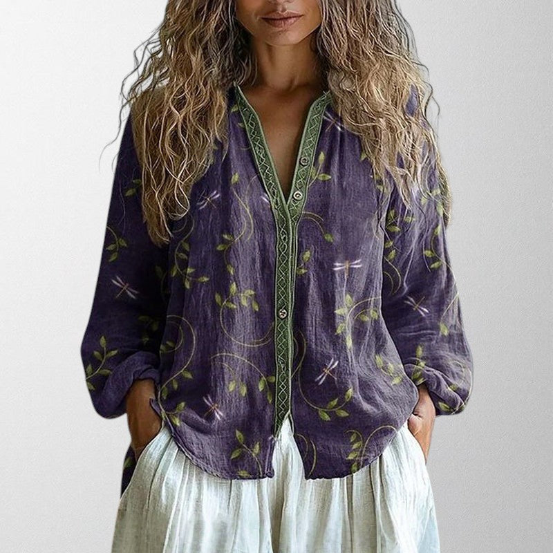 Vielseitige Boho Damen Sommerbluse mit besticktem Blattmuster. Bequemer Langarm-Stil für Freizeit und Urlaub.