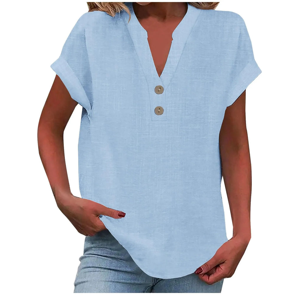 Lockere Damenbluse mit V-Ausschnitt, langen Ärmeln und durchgehender Knopfleiste. Ideal als Sommerbluse.