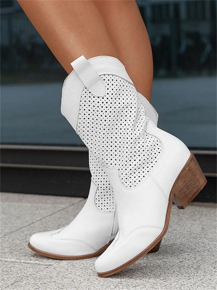 Kniehohe Cowgirl-Stiefel für Frauen mit bequemem mittelhohen Absatz, vielseitige Damenschuhe für Western-Style.