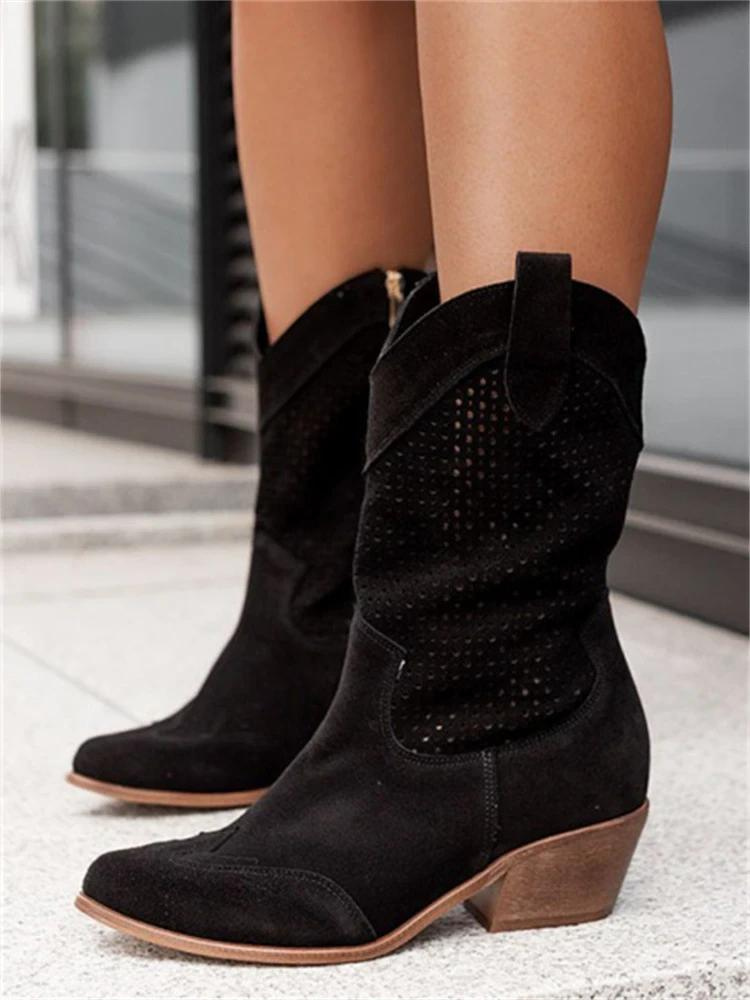 Schicke Damen-Cowgirl-Stiefel, kniehoch, mit feiner Stickerei, ideal für Festivals oder als modisches Statement.