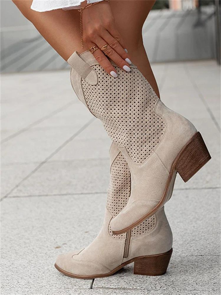 Elegante kniehohe Damen Westernstiefel, bestickt, kombinieren Cowgirl-Charme und modernen Style für Frauen.
