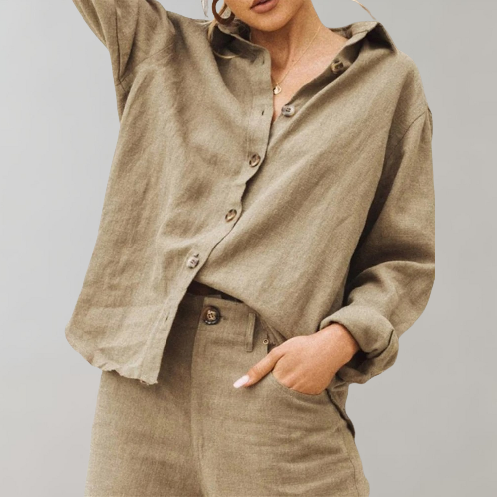 Vielseitige Damen Langarmbluse für Sommeroutfits, locker geschnitten & geknöpft. Elegant für Büro, bequem für Freizeit.
