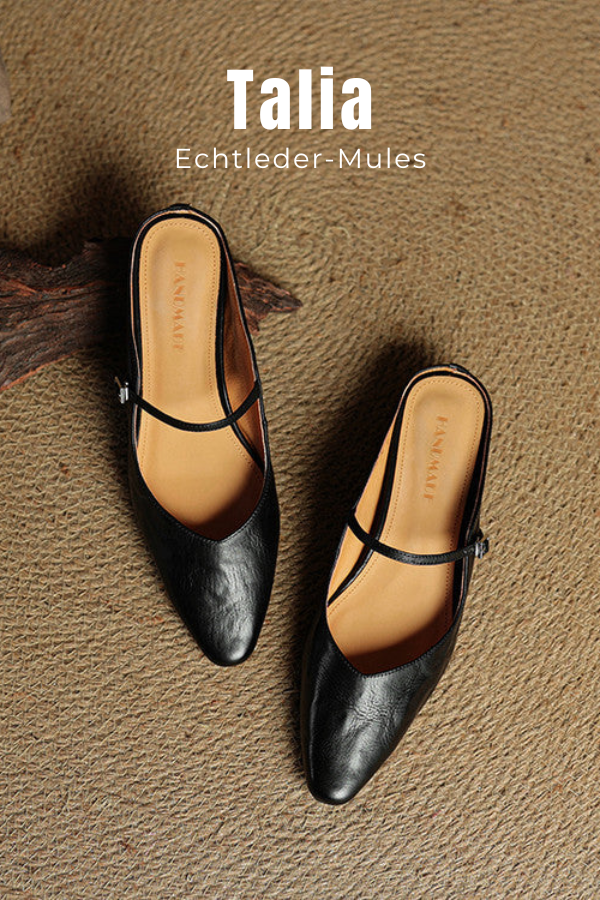 Elegante flache Damen Pantoletten mit spitzer Kappe & Mary Jane Riemen. Bequeme Büroschuhe.