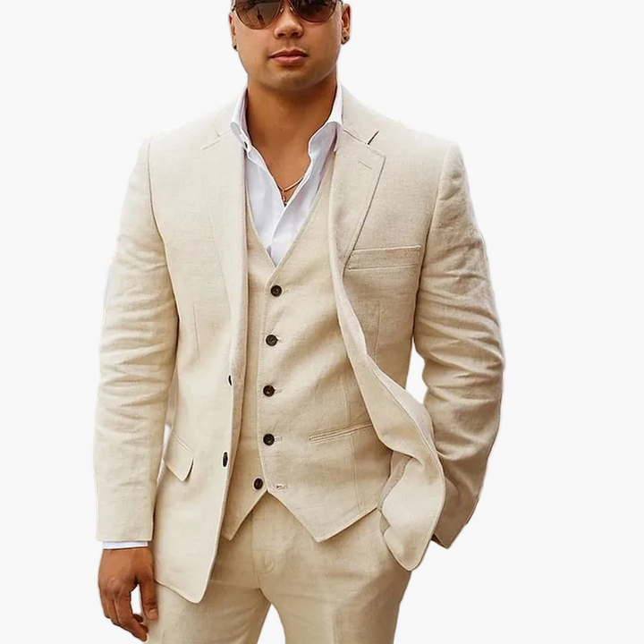 Eleganter 3-teiliger Herren-Sommeranzug in Beige, Hellblau, Rosa & Schwarz für Hochzeiten & festliche Anlässe.