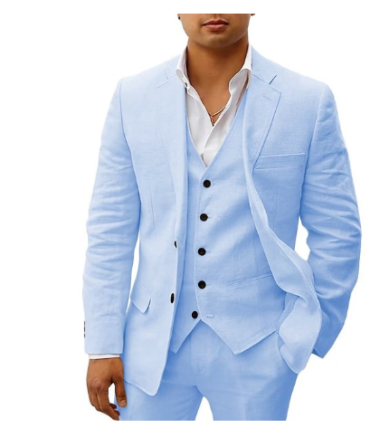 Stilvoller hellblauer 3-teiliger Herren-Sommeranzug, ideal als Hochzeits- oder Festanzug. Moderner Sommerstil.